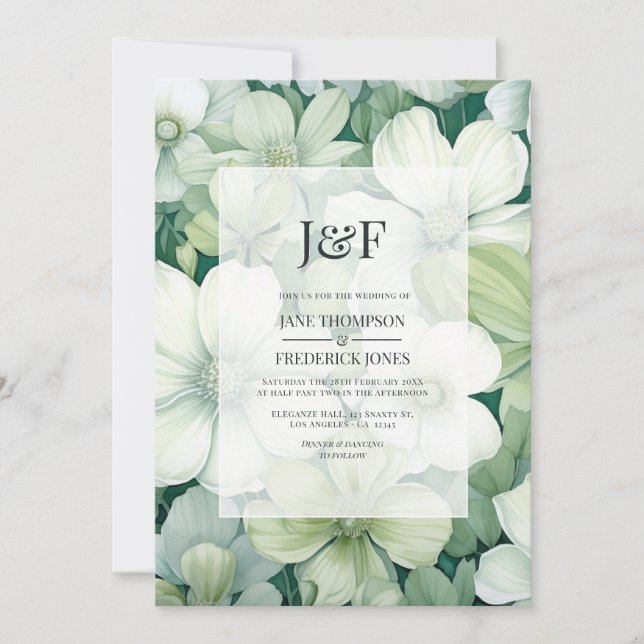 Invitación Monograma del Boda floral blanco y verde sabio (Anverso)