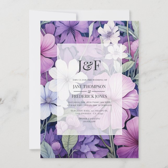 Invitación Monograma del Boda floral gris y lílico delgado (Anverso)