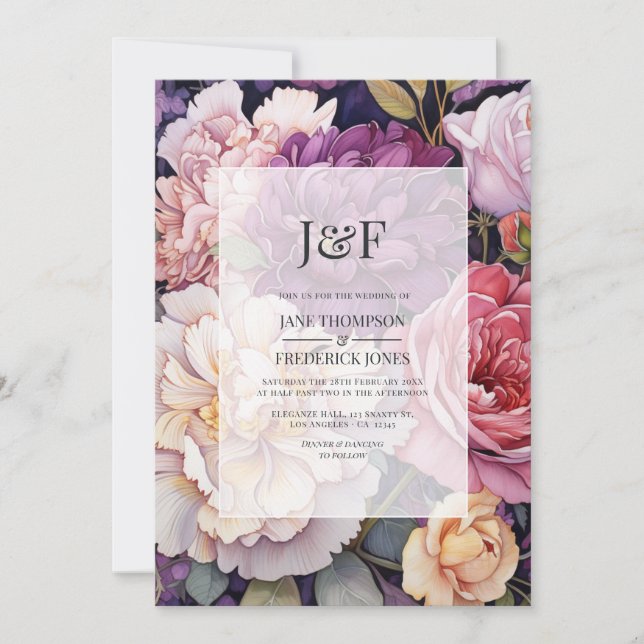 Invitación Monograma del Boda floral Mauve y Champagne (Anverso)