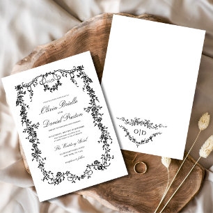 Invitación Monograma del Boda floral negro victoriano