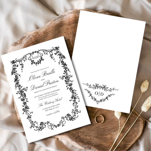 Invitación Monograma del Boda floral negro victoriano (Subido por el creador)