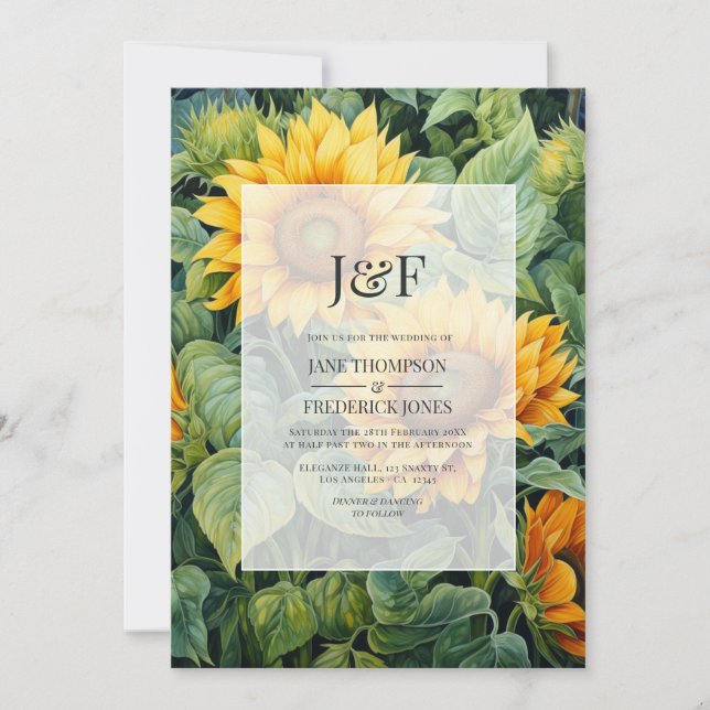 Invitación Monograma del Boda floral Rústico Verde y Girasol (Anverso)