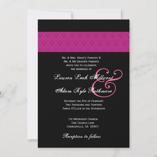 Invitación Monograma del Boda negro Fuschia Feathered Chevron (Anverso)