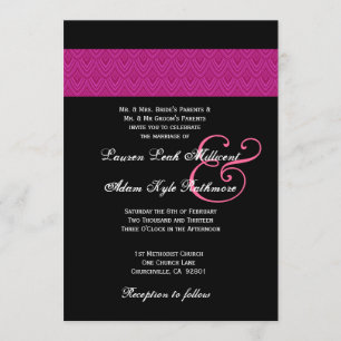 Invitación Monograma del Boda negro Fuschia Feathered Chevron