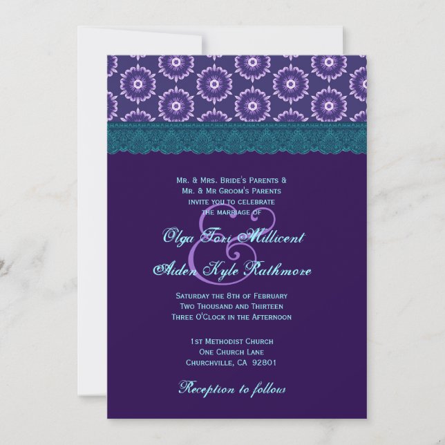 Invitación Monograma del Boda Verde azulado azul y morado (Anverso)