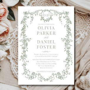 Invitación Monograma del Boda verde sabio victoriano