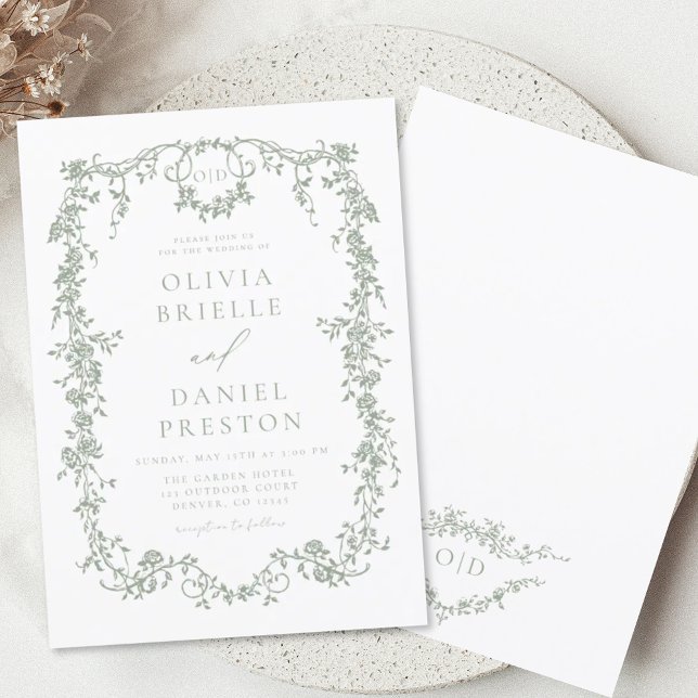 Invitación Monograma del Boda verde sabio victoriano (Subido por el creador)