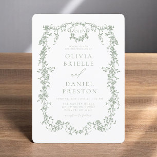 Invitación Monograma del Boda verde sabio victoriano