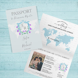 Invitación Monograma del Escudo azul agitado de boda Passport