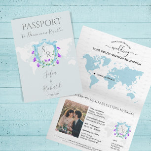 Invitación Monograma del Escudo azul agitado de boda Passport