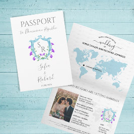 Invitación Monograma del Escudo azul de boda Passport de dest