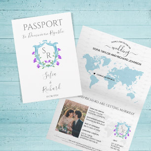 Invitación Monograma del Escudo azul de boda Passport de dest