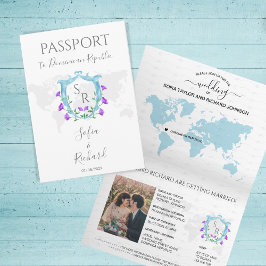 Invitación Monograma del Escudo azul de boda Passport de dest
