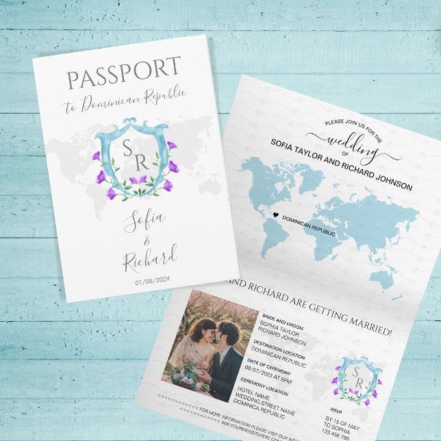 Invitación Monograma del Escudo azul de boda Passport de dest (Subido por el creador)