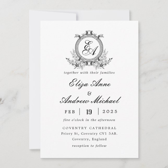 Invitación Monograma del Escudo blanco negro de leafía (Anverso)