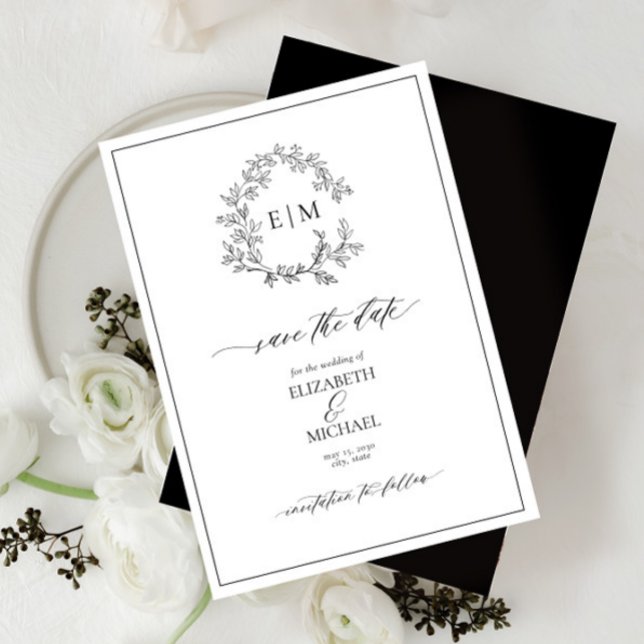 Invitación Monograma del Escudo blanco negro de leafy Guardar (Subido por el creador)