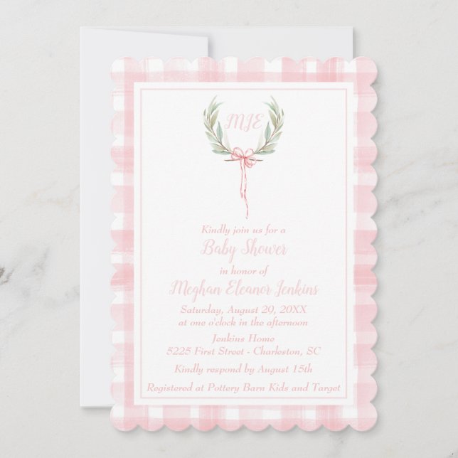 Invitación Monograma del Escudo de Gingham Laurel Rosado (Anverso)