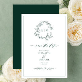 Invitación Monograma del Escudo de Leafy Verde Esmeralda salv