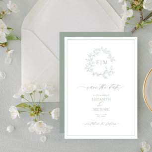 Invitación Monograma del Escudo Sage Green Leafy Save the Dat