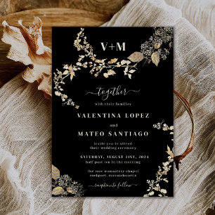 Invitación Monograma del follaje botánico del Boho negro mode