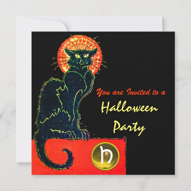 INVITACIÓN MONOGRAMA DEL PARTIDO GATO HALLOWEEN NEGRO (Anverso)
