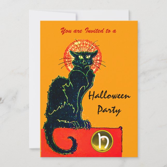 INVITACIÓN MONOGRAMA DEL PARTIDO GATO HALLOWEEN NEGRO (Anverso)