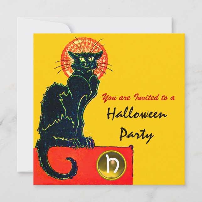 INVITACIÓN MONOGRAMA DEL PARTIDO GATO HALLOWEEN NEGRO (Anverso)