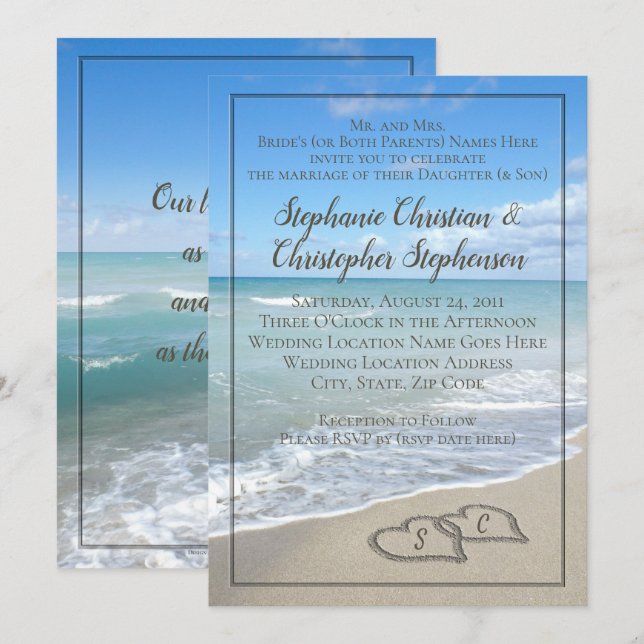 Invitación Monograma del Personalizado de bodas en la playa d (Anverso / Reverso)