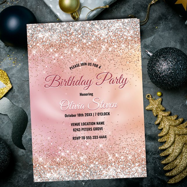 Invitación Monograma del purpurina plateado de rosa de oro fi (Subido por el creador)