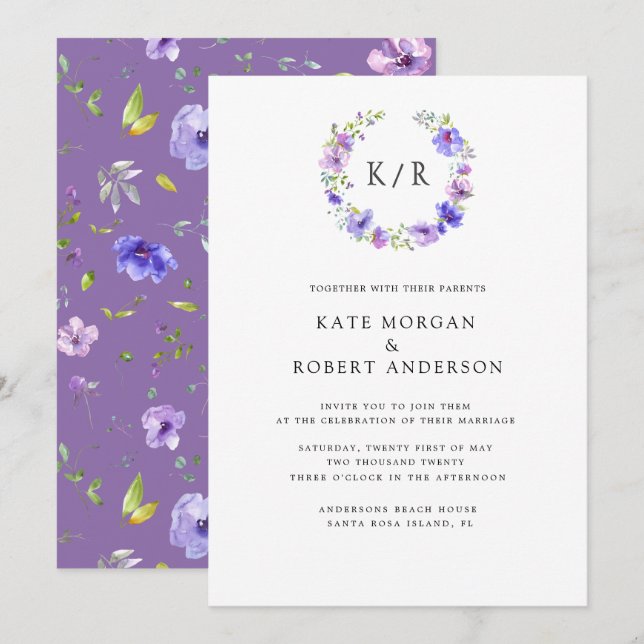 Invitación monograma doble de acuarela de jardín violeta (Anverso / Reverso)
