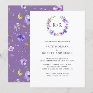 Invitación monograma doble de acuarela de jardín violeta