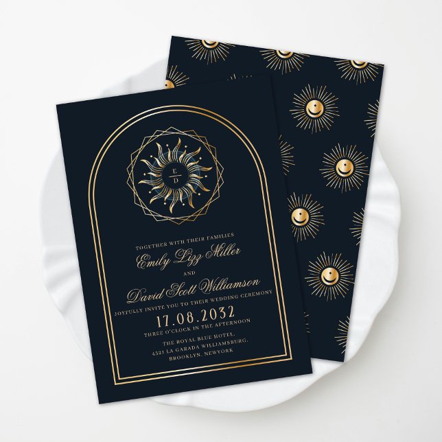 Invitación Monograma dorado azul de la marina celeste Boho (Subido por el creador)