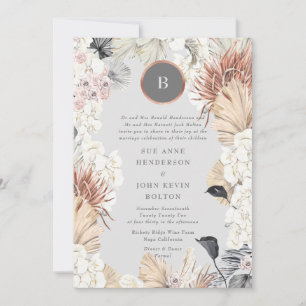 Invitación Monograma dorado del marco de Pampas   Boda gris
