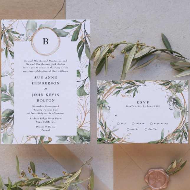 Invitación Monograma dorado Eucalipto Botánico Círculos Moss (Invitation showcasing suite - additional items (bought separately))