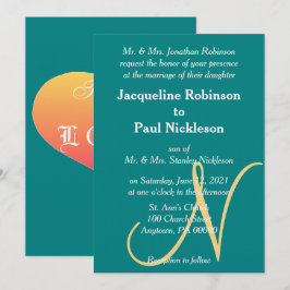Invitación Monograma dorado verde azulado corazón de atardece