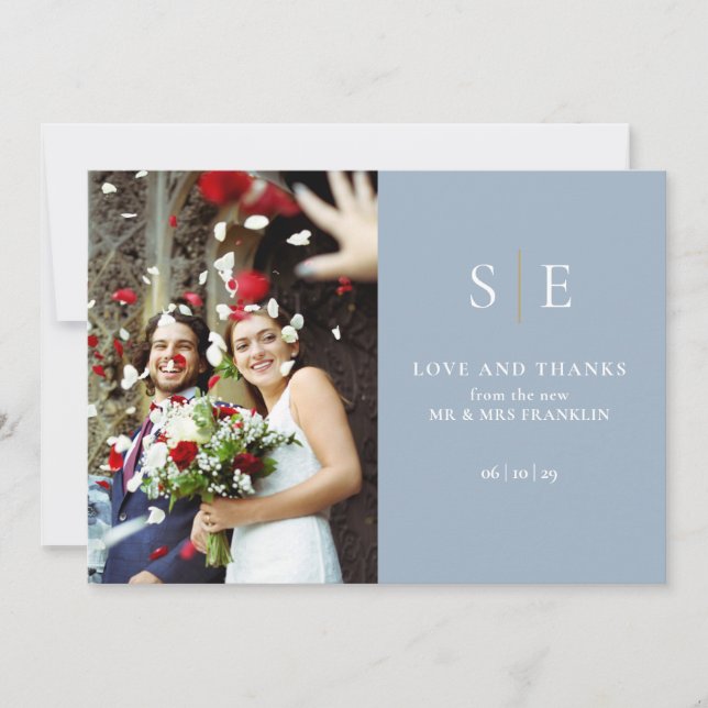 Invitación Monograma Dusty Blue Y Gold 2 Boda de fotos (Anverso)