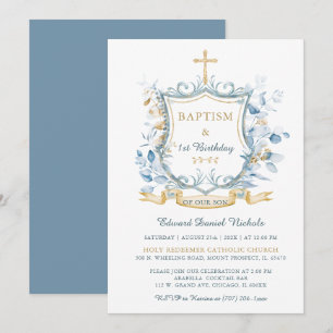 Invitación Monograma editable azul y dorado de Bautizo