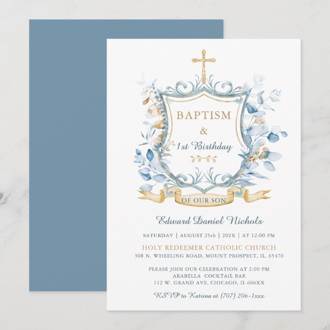Invitación Monograma editable de bautismo azul y oro (Anverso / Reverso)