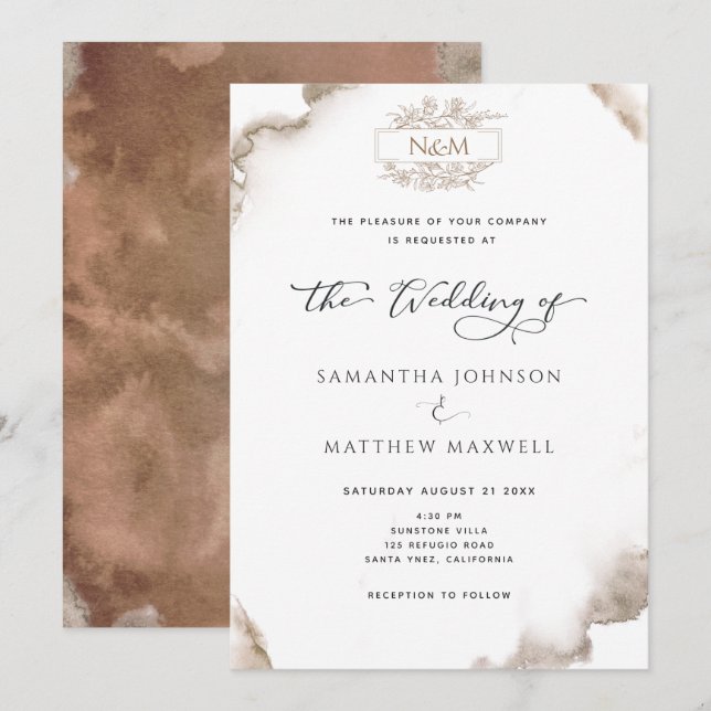 Invitación Monograma elegante, acuarela de tonos tierra, Boda (Anverso / Reverso)