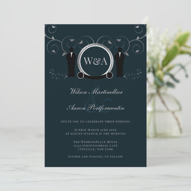 Invitación Monograma elegante azul Boda plateado LGBTQ mascul (Anverso de pie)