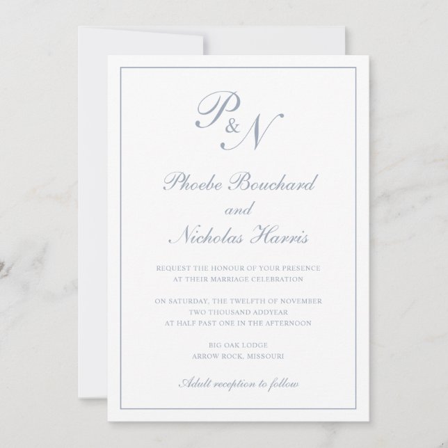 Invitación Monograma Elegante Azul Polvo Todo En Un Boda (Anverso)