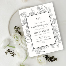 Invitación Monograma Elegante Boda de Arte de Línea Floral Ne