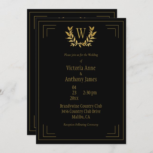 Invitación Monograma elegante Boda de la hoja de oro negro (Anverso / Reverso)