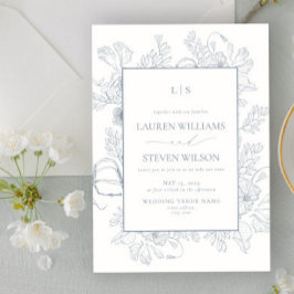Invitación Monograma elegante Boda de la línea floral azul tu