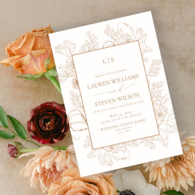 Invitación Monograma Elegante Boda de línea floral de terraco (Subido por el creador)