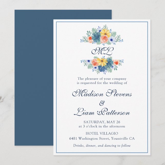 Invitación Monograma Elegante Bonito Floral Suculento Macaron (Anverso / Reverso)