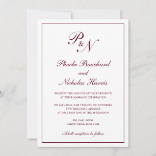 Invitación Monograma Elegante Borgoña Todo En Un Boda