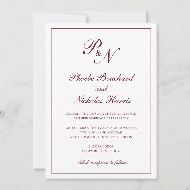 Invitación Monograma Elegante Borgoña Todo En Un Boda (Anverso)