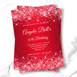 Invitación Monograma Elegante Brillante Rojo Glitter Ombre