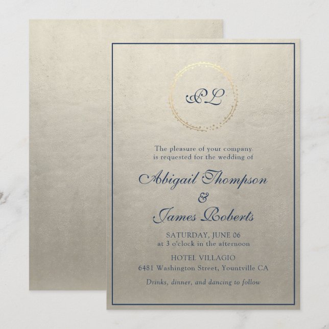 Invitación Monograma Elegante Champagne y Boda Azul de la Mar (Anverso / Reverso)